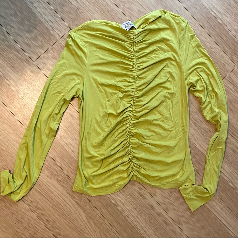 And Other Stories lime green long sleeve top with ruched front and back.